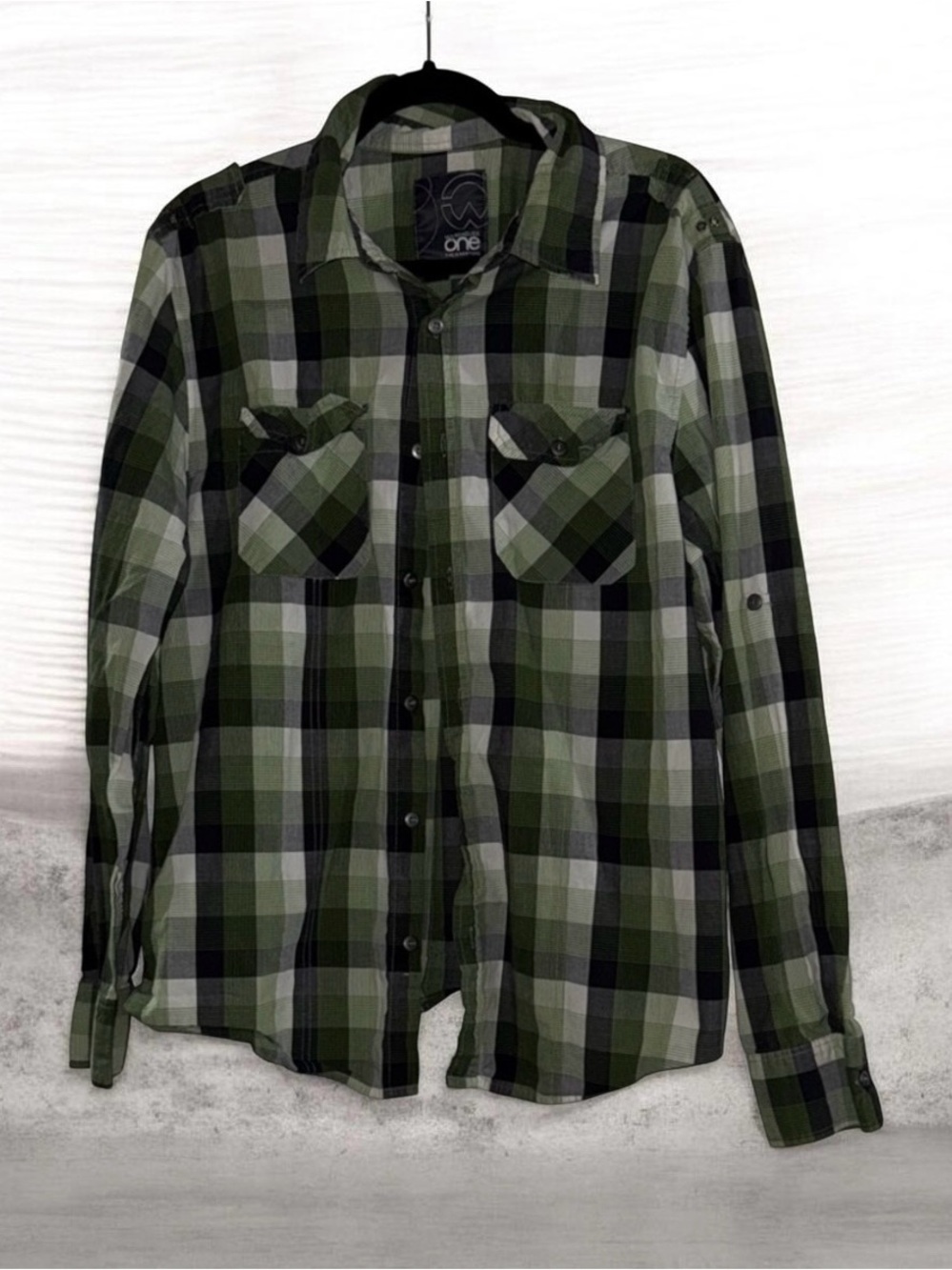 Warehouse Olive and Black Plaid Button-Up Shirt Size L